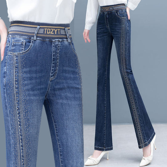 Stretchiga jeans med hög midja och bell bottom för kvinnor