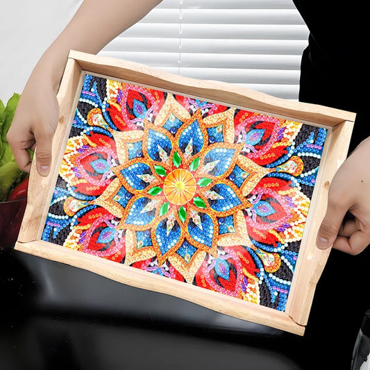 DIY-träbricka med diamantmålning Matbricka med handtag Vardagsrumsdekoration Mandala-träbricka Kit